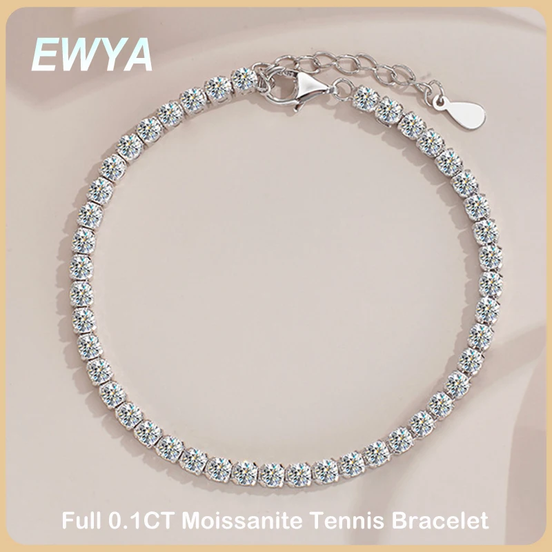 EWYA Sparkling 100% Real 0.1ct 3mm Full Moissanite Bracelet for Woman Girl Party S925 Sterling Silver Diamond Link Bracelets