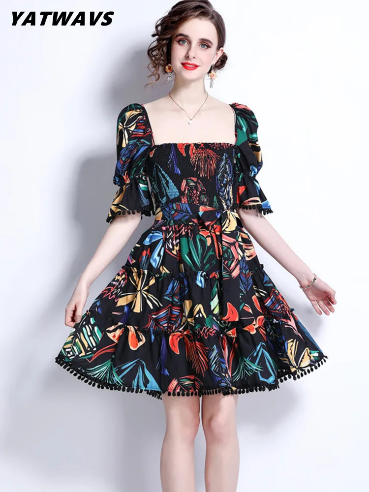 

YATWAVS Summer Fashion Elastic Waist Flower Mini Dresses New Runway Women Puff Short Sleeve Female Lace Up Dress Vestidos