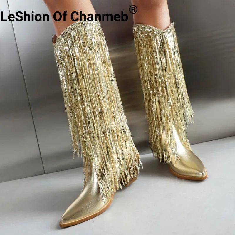 

Женские Серебристые ботинки с бахромой и блестками LeShion Of Chanmeb, ботинки до колена с золотистыми кисточками в западном стиле, шикарная женская обувь на массивном каблуке, женская обувь 48