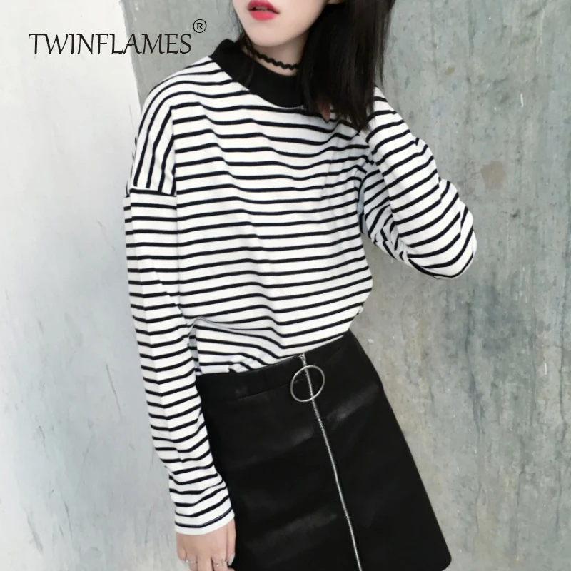 

Spring Autumn Korean Long Sleeve Loose Cotton Striped Shirts for Women Casual O Neck Basic Tee Shirt Female Harajuku Match Tops