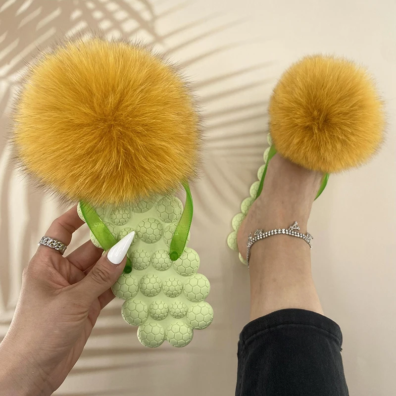 Women Flip-flops Summer Female 100% Natural Fox Fur Pom Pon Soft House Slippers 2022 Ladies Luxury Flat Beach Slides Women