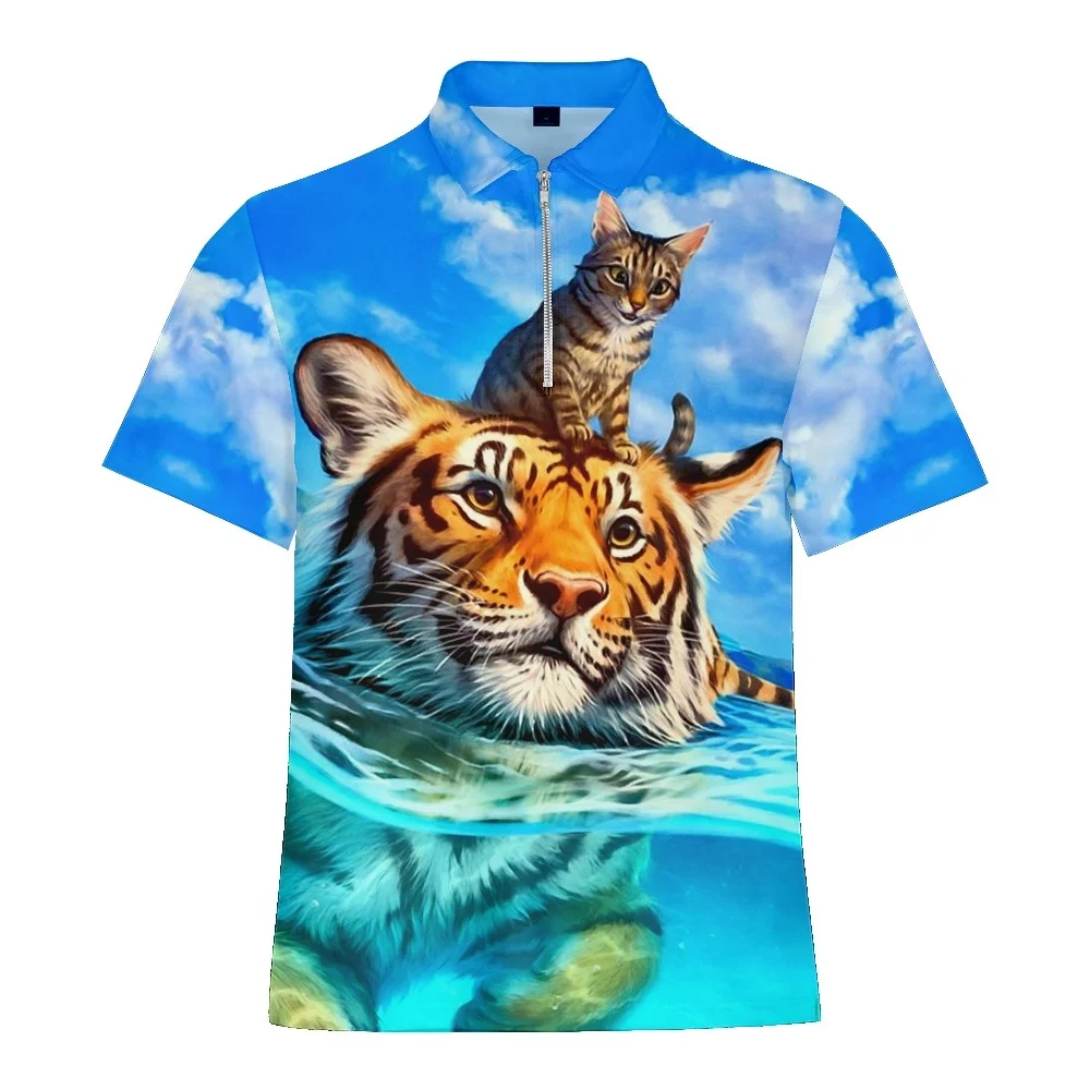 

Мужское поло с 3D-принтом тигра, Повседневная рубашка с коротким рукавом, с воротником на молнии, большой свитер, модный топ, летняя одежда