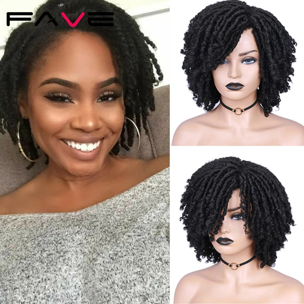 FAVE Dreadlock Wig Braided Twist Black Brown Short Curly Heat Resistant Fiber Synthetic Daily Party Replacement for Women