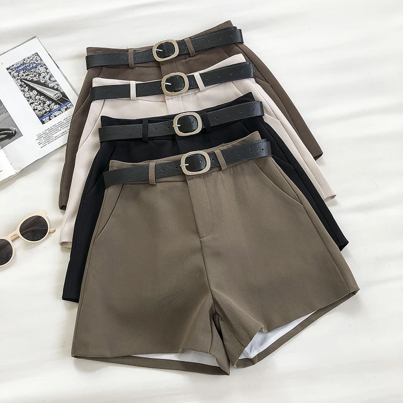 2021  Spring Summer Casual Pocket Zipper Simple Elegant Wild Shorts with Belt Women's Woolen Shorts Slim Wide Leg Hot Shorts