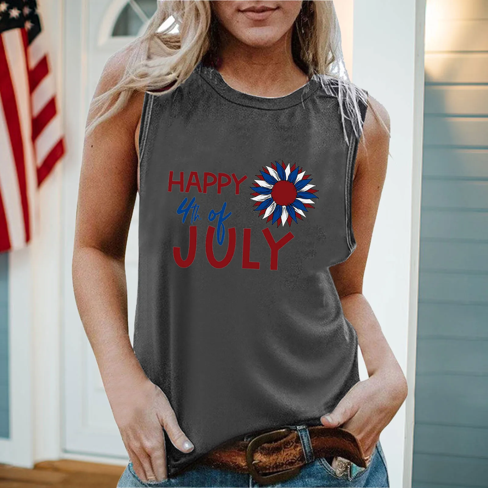 

Футболка женская с принтом американского флага, повседневный удобный топ без рукавов, с круглым вырезом, летняя одежда