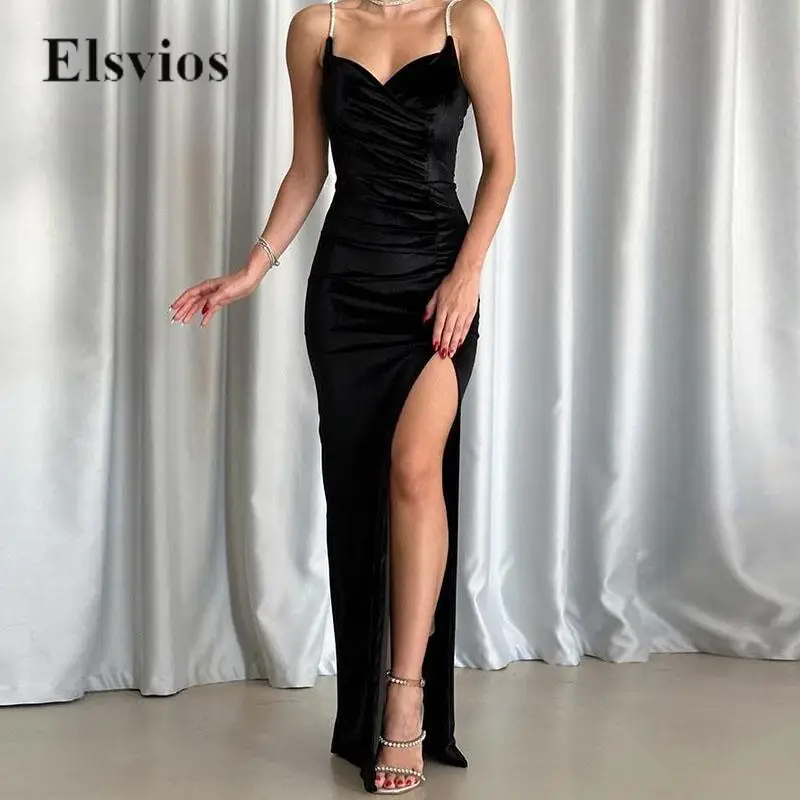 

Элегантное бархатное однотонное вечернее платье с глубоким V-образным вырезом, сексуальное ДРАПИРОВАННОЕ женское платье с высоким разрезом, длинные платья на бретельках