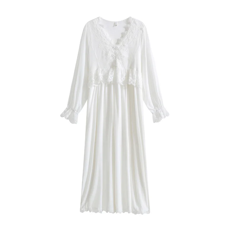 Long sleeve modal nightdress women's Spring Court style mesh Princess embroidered lace household clothes can be worn outside