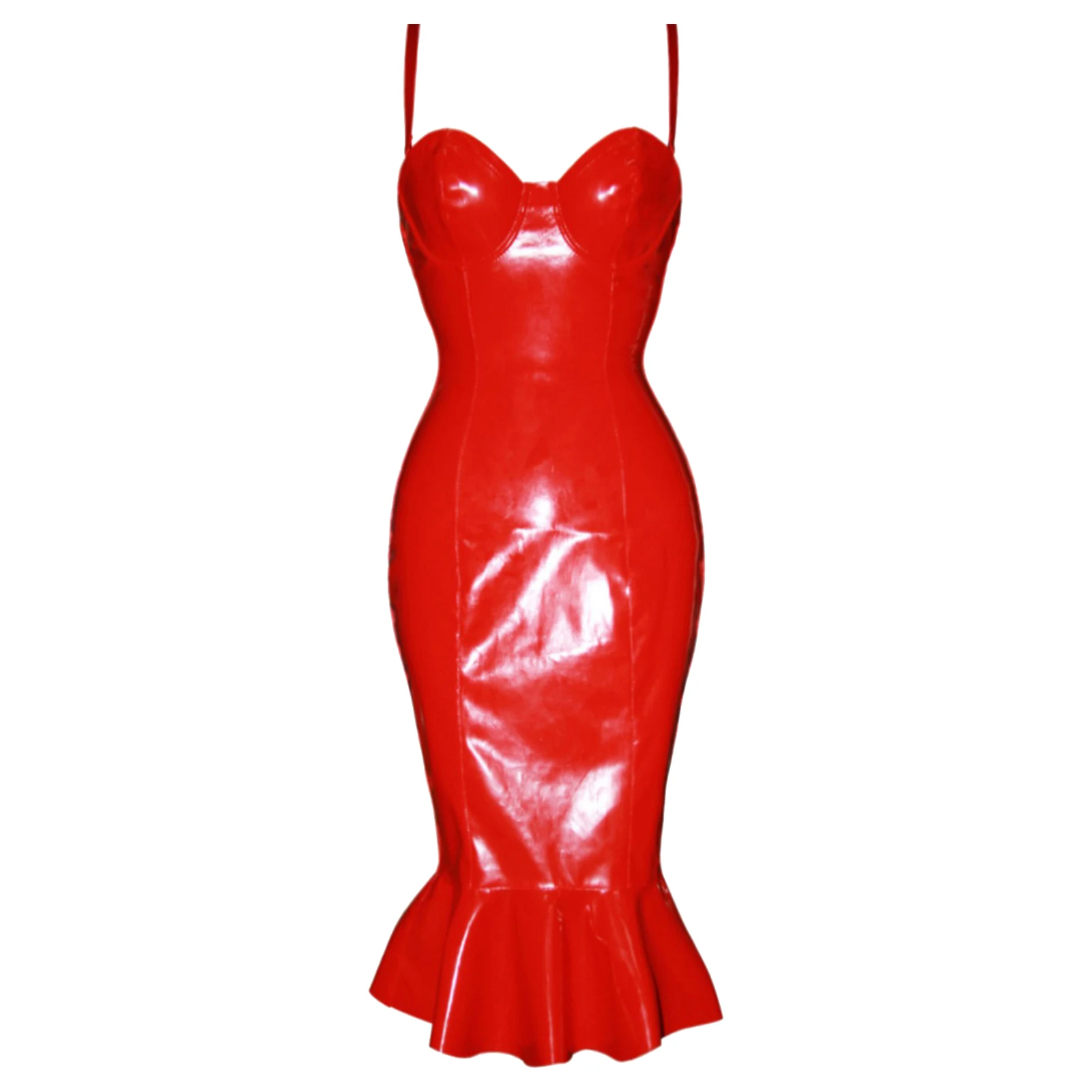 

Womens Latex Clubwear Dance Dress Wetlook Patent Leather Ruffled Dress Back Zipper Sleeveless Dresses Nightclub Party Clubwear