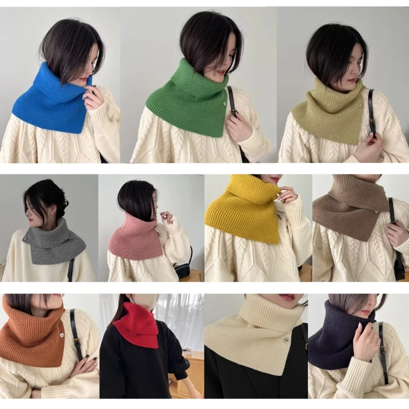 

Ribbed Knit Turtleneck Dickey Faux Collar with Button Solid Color Windproof Scarf Wrap Asymmetrical Neck Guard for Women