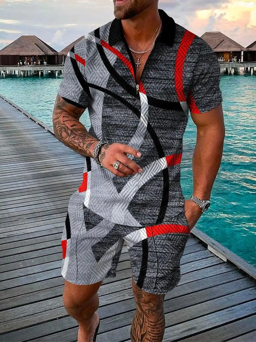 Men's Polo Suit Fashion Men Summer Tracksuit Oversized V-neck Zipper Short Sleeve POLO Shirt+Shorts Casual Two Pieces Sets