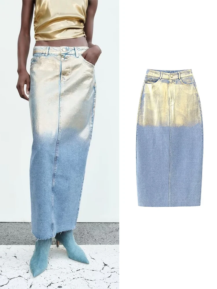 

TRAF Metallic Denim Skirt Women High Waist Long Skirt Woman Autumn Slit Pencil Skirt Women Streetwear Midi Skirts for Women 2023