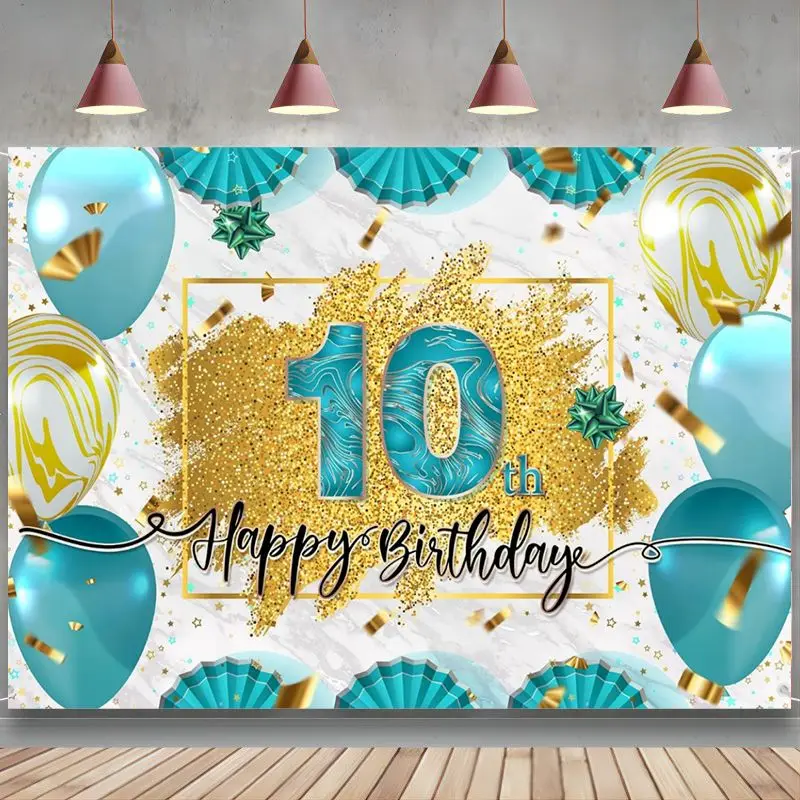 

Teal Gold Glitter Happy 10th Birthday Backdrop Banner Decorations 10 Years Old Bday Background for Girls Boys Photography Party