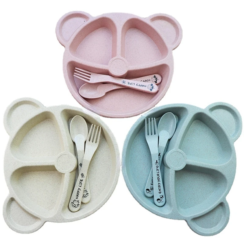 

1Set Bear Straw Bowl Tableware for Baby Infant Children Feeding Plant with Spoon Fork Toddler Dish Dinnerware Children Bowls