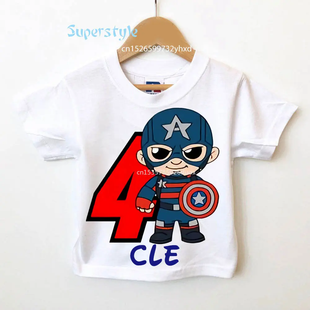 

Summer Children Superhero Personalize Name Birthday Boy T-shirt 2 3 4 5 6 7 Year Marvel Captain America Birthday Boys Shirts