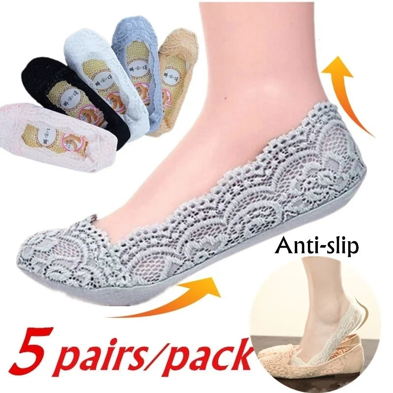 5pair/pack Women Lace Breathable Socks Fashion Soft Cotton Invisible Anti-slip Ankle Socks Ladies No Show Socks Non-slip Socks