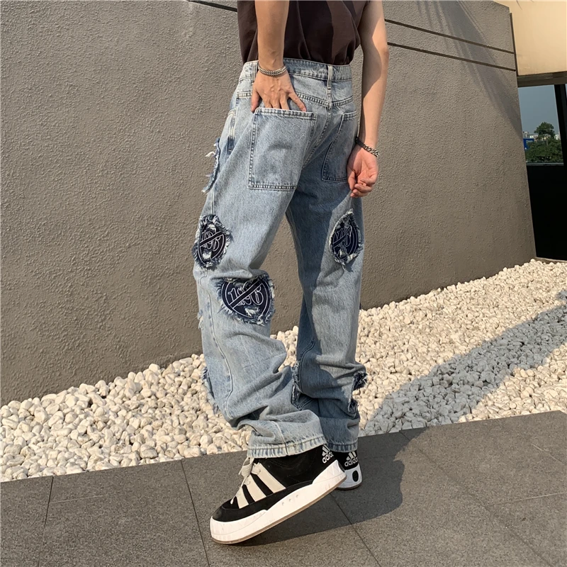 Hip Hip Denim Pants Mens Streetwear Patchwork Ripped Denim Zipper Pants Harajuku Cotton Joggers Jeans Trousers Straight Pants