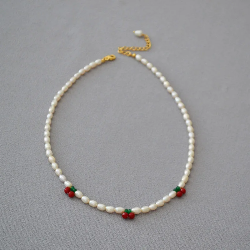 

Red Cherry Chocker Freshwater Pearl Gold-Plated Brass Sweet Elegant Women Necklace