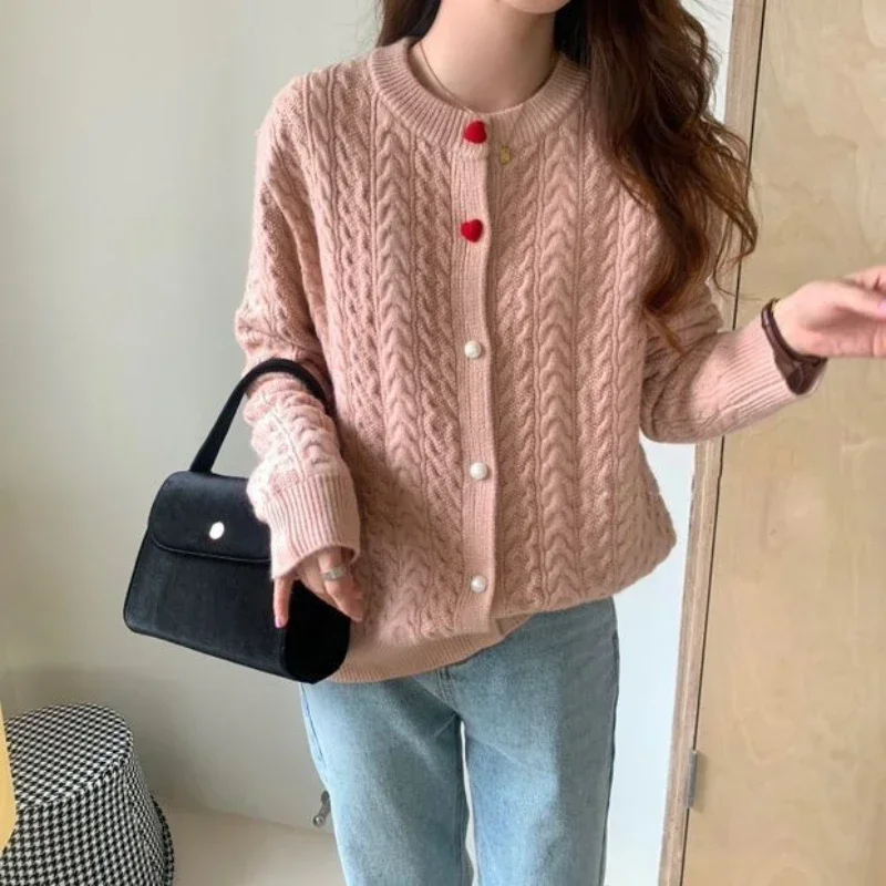 

Вязаный Топ для женщин, кардиган с круглым вырезом, женские свитера, зимние розовые модные пуговицы с длинным рукавом в стиле Харадзюку, распродажа