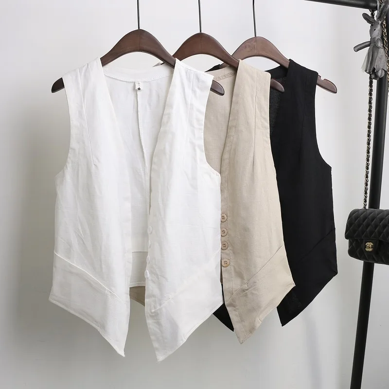

Short Thin Vest Women Tops Summer New Fashion V Neck Wild Cotton Linen Sleeveless Jacket Female Loose Waistcoat Coat Tide H2480