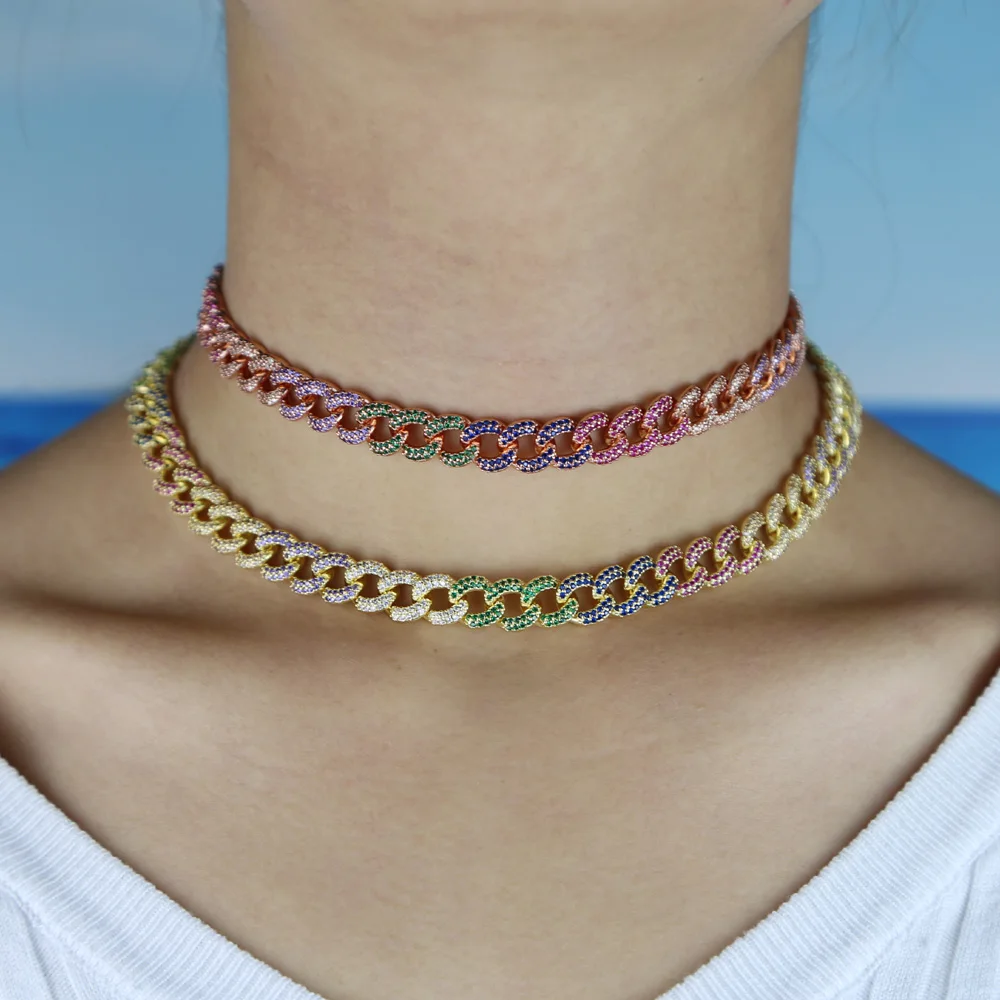 

Iced Out Women Choker Necklace Rose Gold Metal Cuban Link Full With rainbow colorful Cubic Zirconia Stones Chain Jewelry