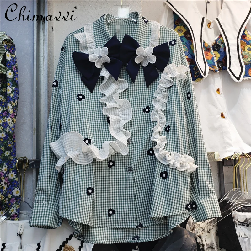 

French Style Trendy Doll Collar Bow Ruffle Blouses Women's 2022 Early Spring Fashion Sweet 3D Flower Loose Long Sleeve Shirt Top