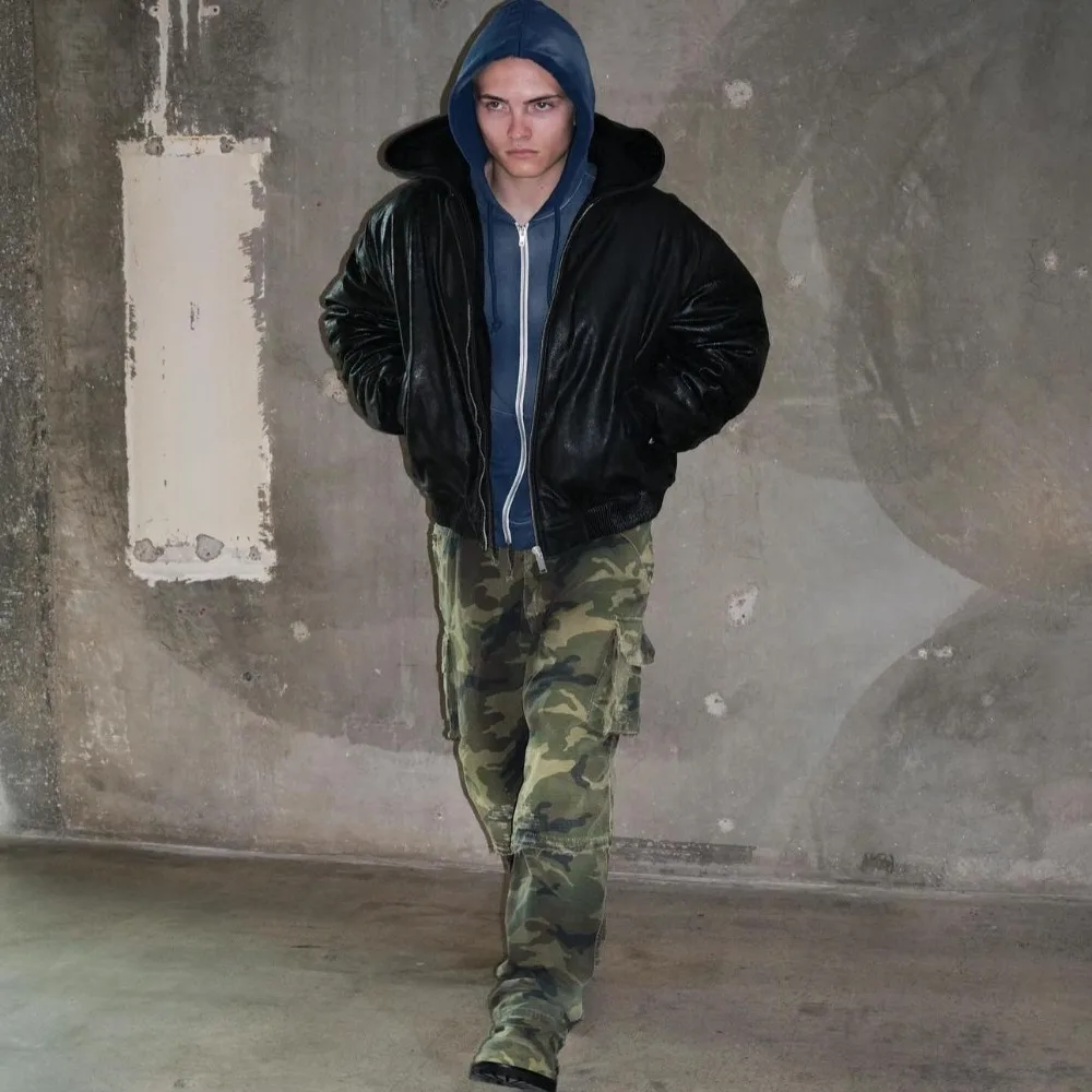 NIGO Мужская винтажная кожаная куртка-бомбер из потрескавшейся овчины с капюшоном