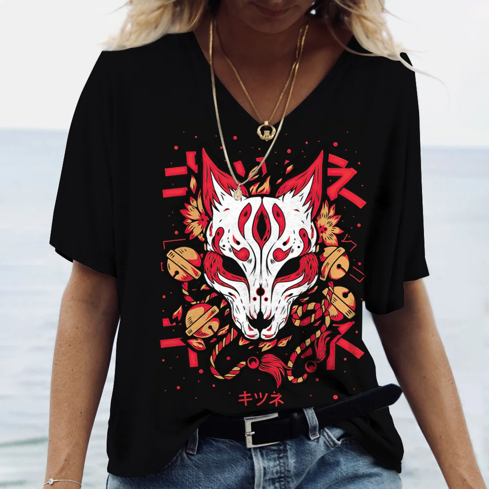 

2023 Summer New Animal Fox Animation T-shirt Women's Shirt Fashion Short Sleeve Casual Top T-shirt Women's Girls' Clothing V-Nec