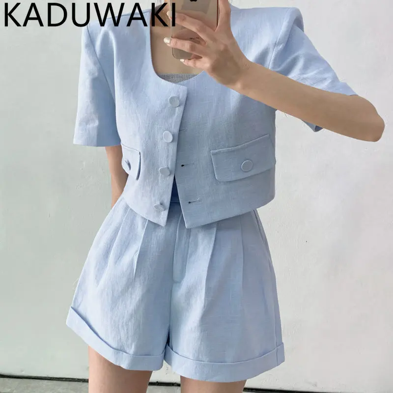 

Женский однотонный костюм, повседневный двубортный пиджак с квадратным воротником и короткими рукавами и брюки в уличном стиле