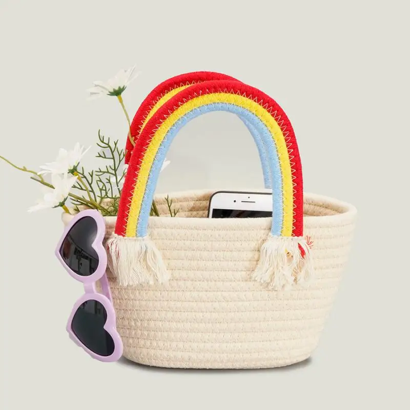 

NEW Cotton Rope Woven Women's Handbags Rainbow Handle Tote Bag Designer Bohemian Summer Straw Beach Bags Female Knitted Purses