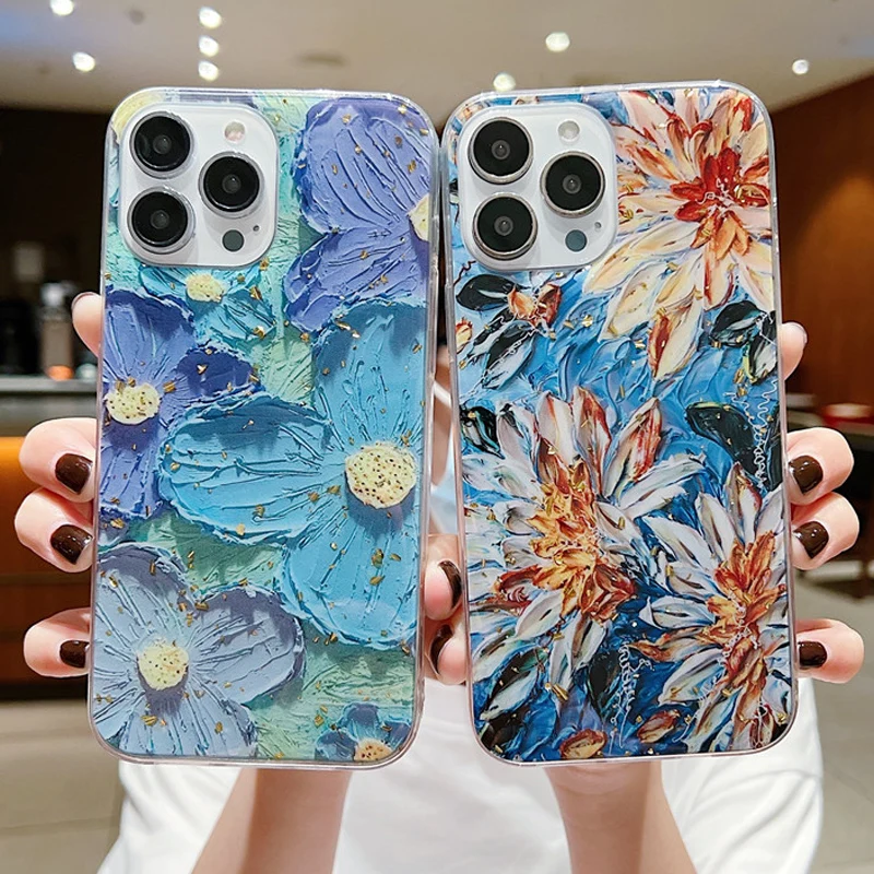 

Vintage Style Oil Painting Flowers Phone Case For iphone 13 12 Mini 11 Pro XS Max 8 7 Plus XR X SE Silicone Soft TPU Back Cover