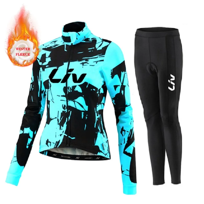 

Warm Winter Women LIV Cycling Jersey Set Road Bike Clothing BIB Pants MTB Uniform Thermal Fleece Kit Female Bicycle Clothes Wear