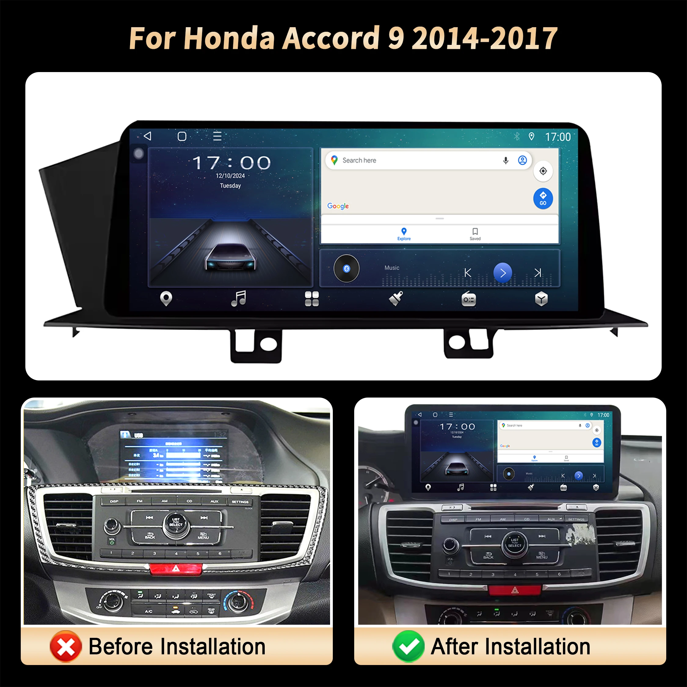 Фото 12,3-дюймовый для Honda Accord 9 2014 2015 2016-2017, автомобильный радиоприемник, мультимедийный GPS, беспроводной Android BT, головное устройство CarPlay, сенсорный экран №2