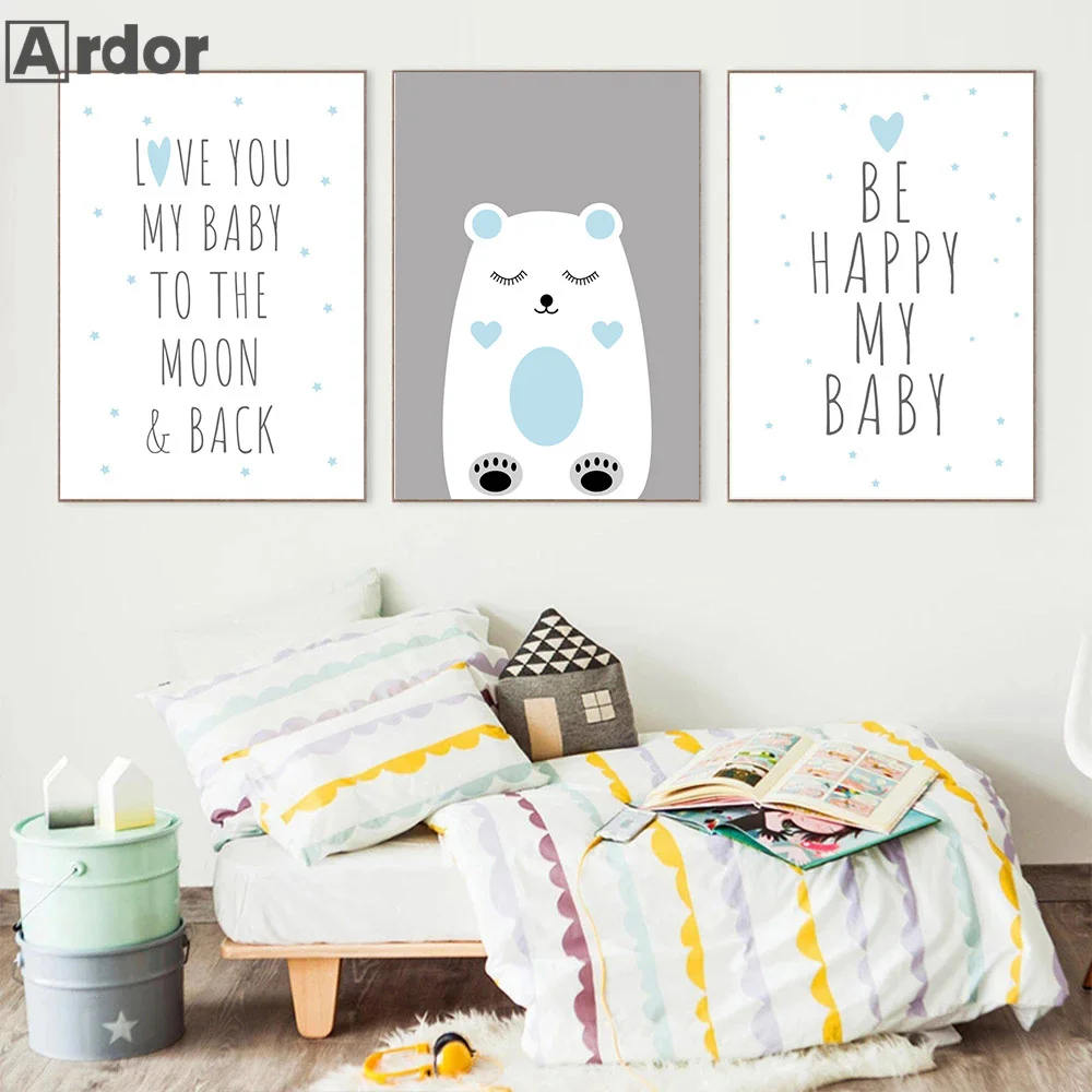 

Cartoon Bear Canvas Poster Child Wall Painting Nursery Print Be Happy My Baby Quotes Wall Art Picture Nordic Kids Room Decor