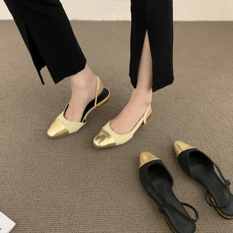 

Сандалии с круглым носком, босоножки на толстом каблуке, без каблука, с ремешком сзади, в стиле ретро, золотистые туфли с ремешком на пятке, разные цвета