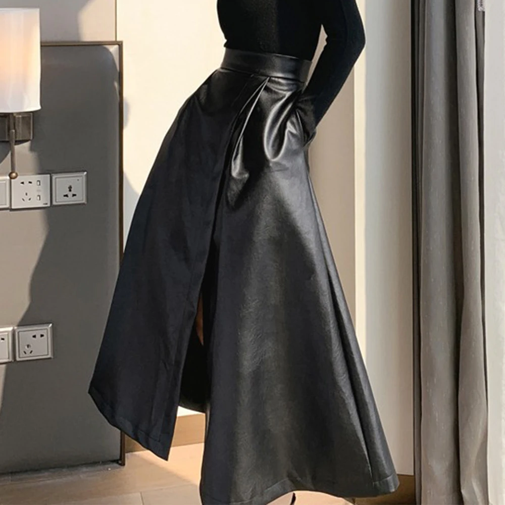 

Однотонная Лоскутная Женская юбка А-силуэта длиной до щиколотки, соблазнительное элегантное облегающее женское модное кожаное платье с вы...