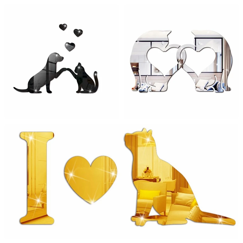 

Cat and Dog Decorative Wall Mirrors Adhesive Stick on Heart Mirror Sticker Kindergarten Children's Room Decoration New Arrivals