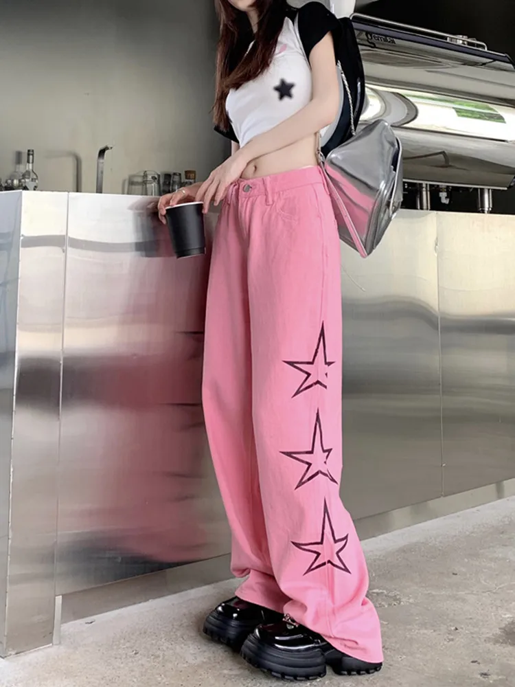 American Vintage Loose Straight Embroidered Jeans For Women High Waist Pink Cowboy Full Length Casual Wide Leg Pants 2023 New