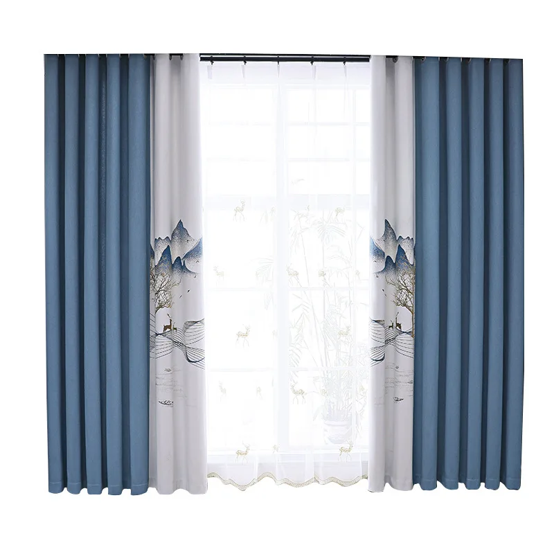 

2022 New Style Landscape Fawn Single Flower Linen Custom Thickened Blackout Curtains for Living Room and Bedroom