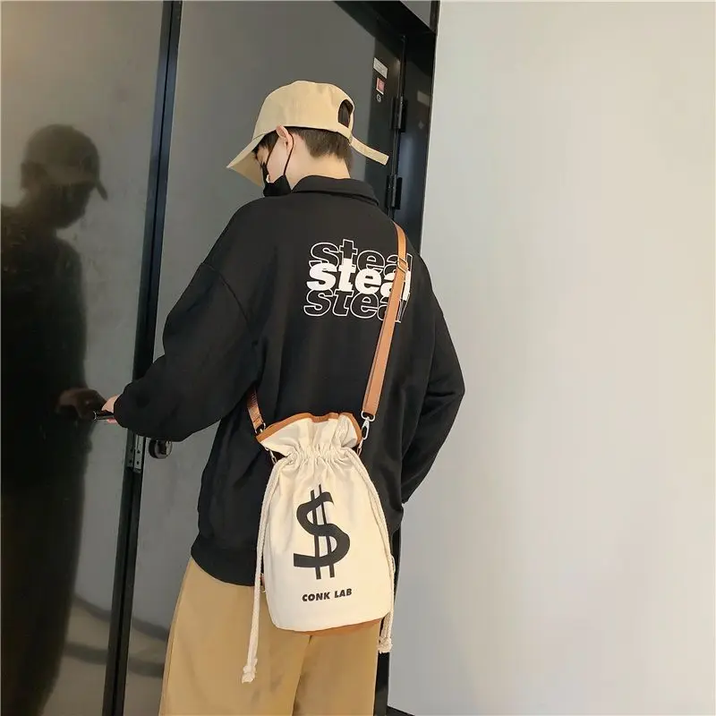 Men's women's Canvas tote bag Causual Crossbody Money Symbol  High-capacity Whte Bucket Bags For Traveling Gym Commute Backpack