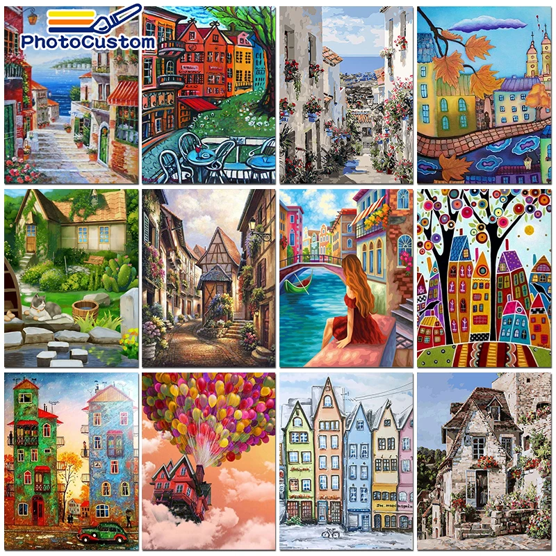 

PhotoCustom Diy Pictures By Number Color Houses Drawing On Canvas HandPainted Paintings Kits Oil Painting By Numbers Home Decor