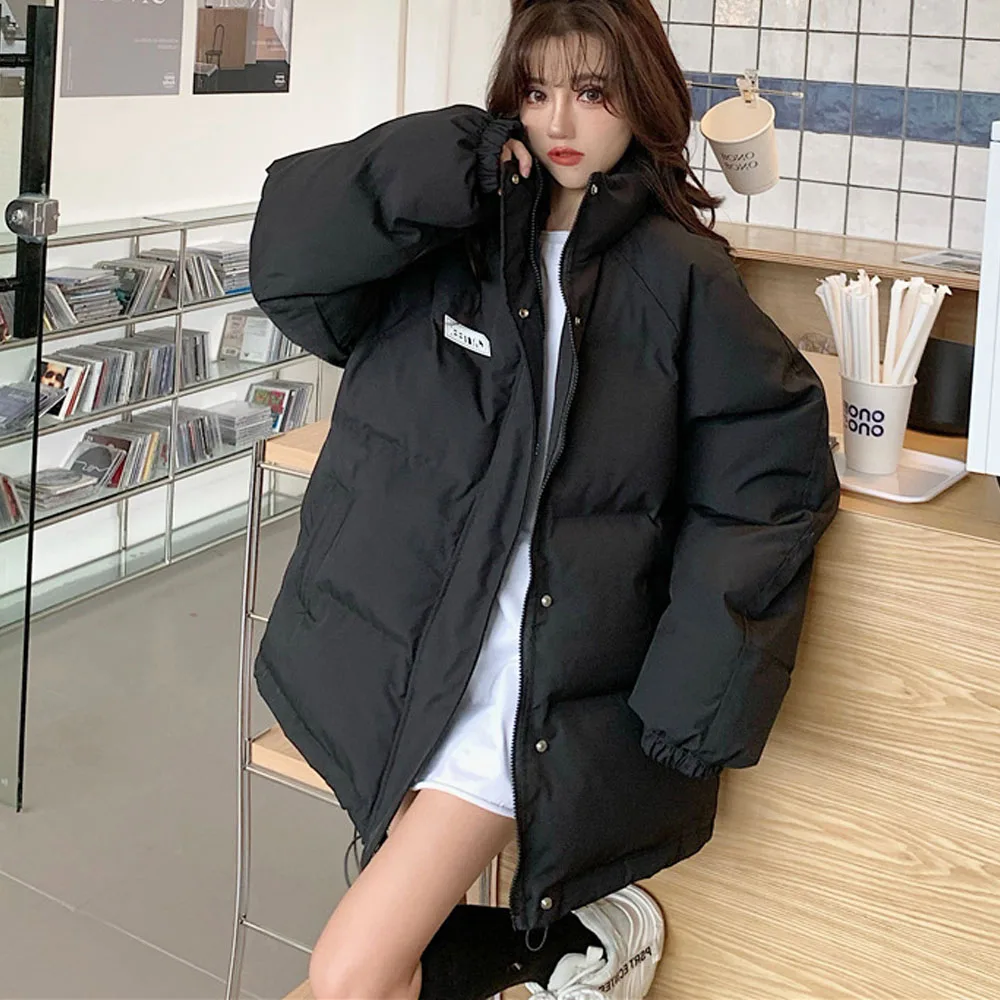 Puffer Jacket For Women 2022 Winter Thicken Warm Down Padded Parkas Casual Solid Color Loose Medium Long Coats Female Clothes