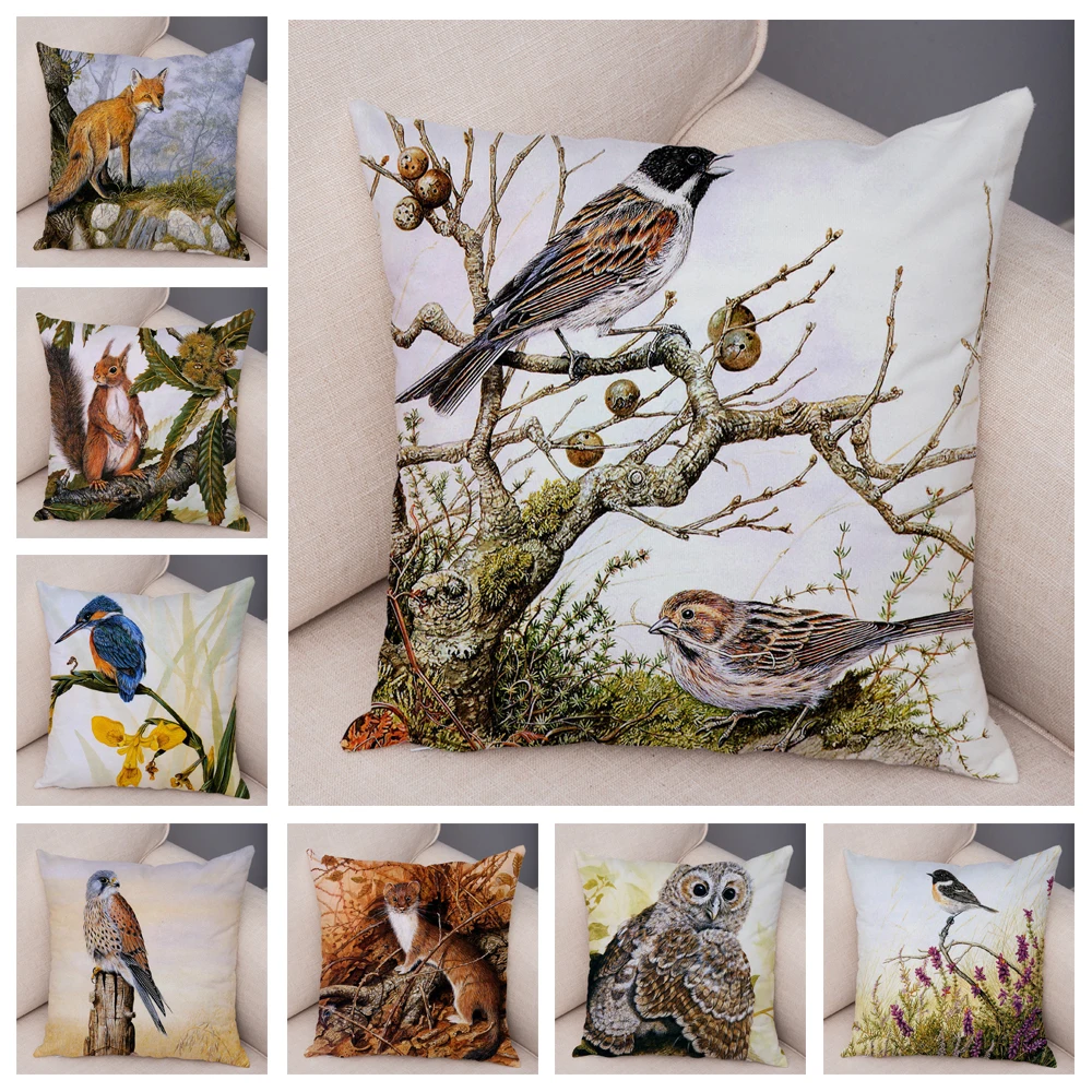 

45x45cm Color Fox Bird Squirrel Cushion Cover Children's Room Sofa Home Decoration Cartoon Animal Pillowcase