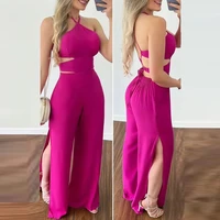 women jumpsuits summer sexy solid high waist openwork jumpsuits womens spaghetti strap halter bandage backless slit jumpsuits