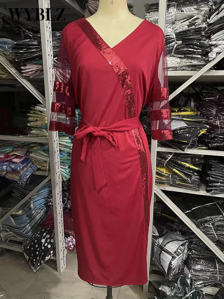 Plus Size Dresses for Women 4XL 5XL Mesh Sequin Stitching Large Size Women's Evening Dress Elegant Fashion Office Lady Dresses