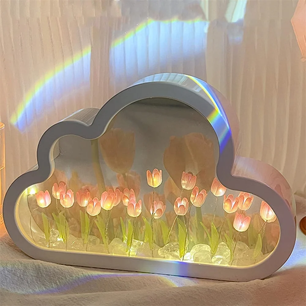 

Handmade DIY Cloud Tulip Mirror Small Night Light Girl Bedroom Ornaments Creative Photo Frame Mirror Table Lamps Birthday Gifts