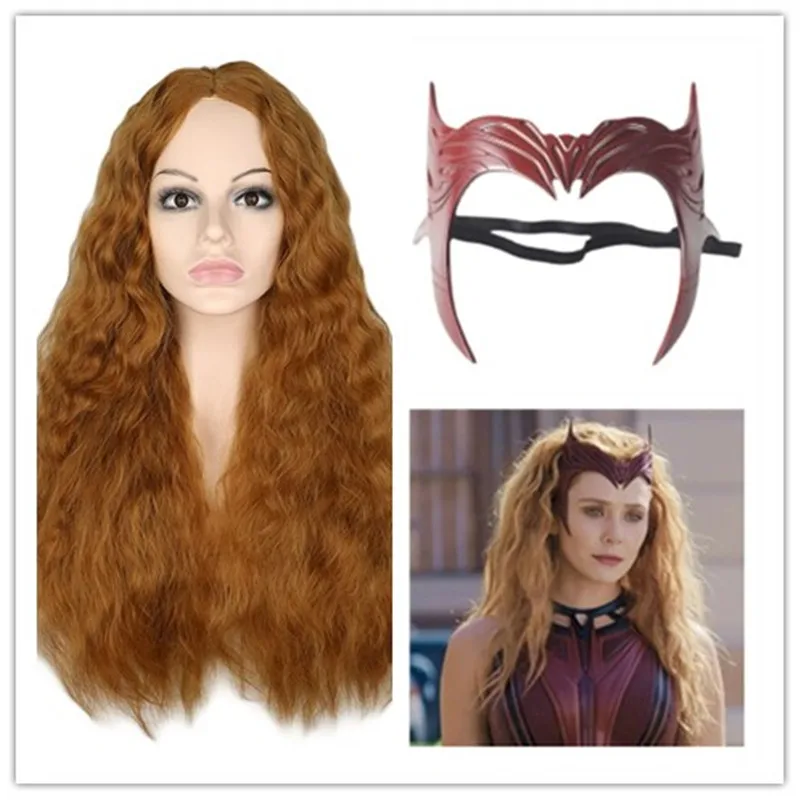 

Женский парик для Хэллоуина, синтетический длинный коричневый волнистый парик для косплея ведьмы Wanda Maximoff, повязка на голову и маска для косплея