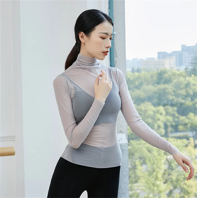 

Sexy New Classical Dance Practice Dress Women's Slightly Transparent Long Sleeve High Neck Top