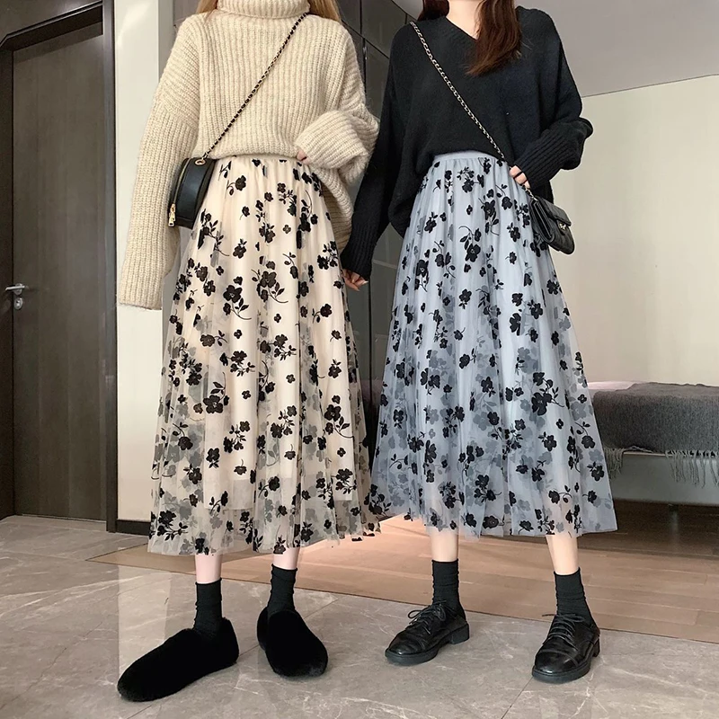 

Harajuku Flocking Mesh Skirt Han Chun Xia 2022 High Waist Slim Mid Length Floral A-Line Fairy Pleated Skirt y2k women's clothing