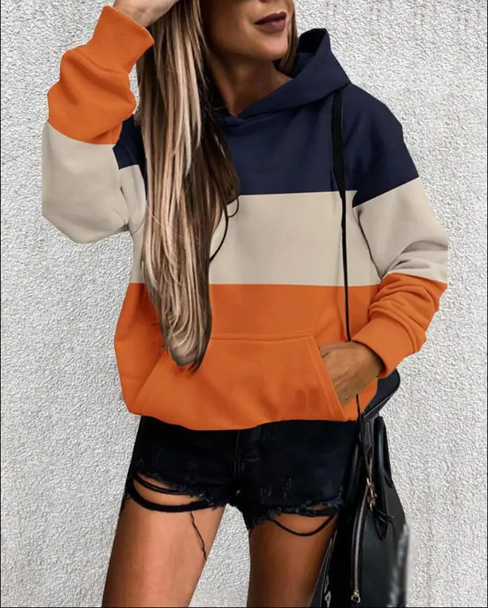 

Women Colorblock Pocket Design Long Sleeve Casual Hoodie Pullover Sweatshirt Tops Fashion 2022 Women's Clothing Street Wear