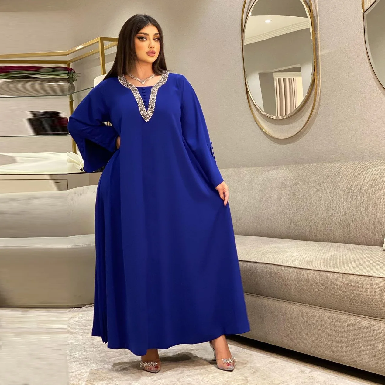 

Morocco Party Dress for Women Fashion Diamonds Button Decoration Long Sleeve Party Prom Dress Ramadan Muslim Women Maxi Vestidos